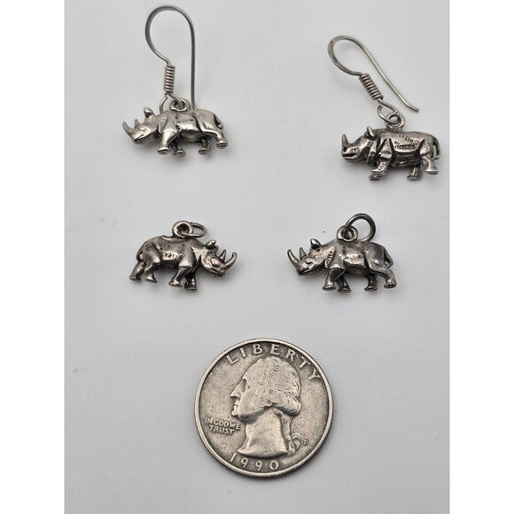 Sterling Silver Rhino Earring & Charm Set – 4pc Safari Animal Jewelry – Vintage - Picture 1 of 4